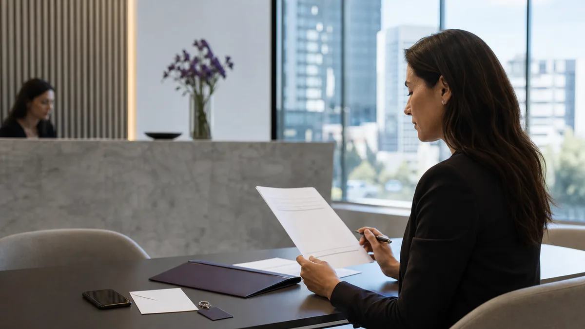 Emprendedora revisando un contrato de oficina virtual en un centro de negocios